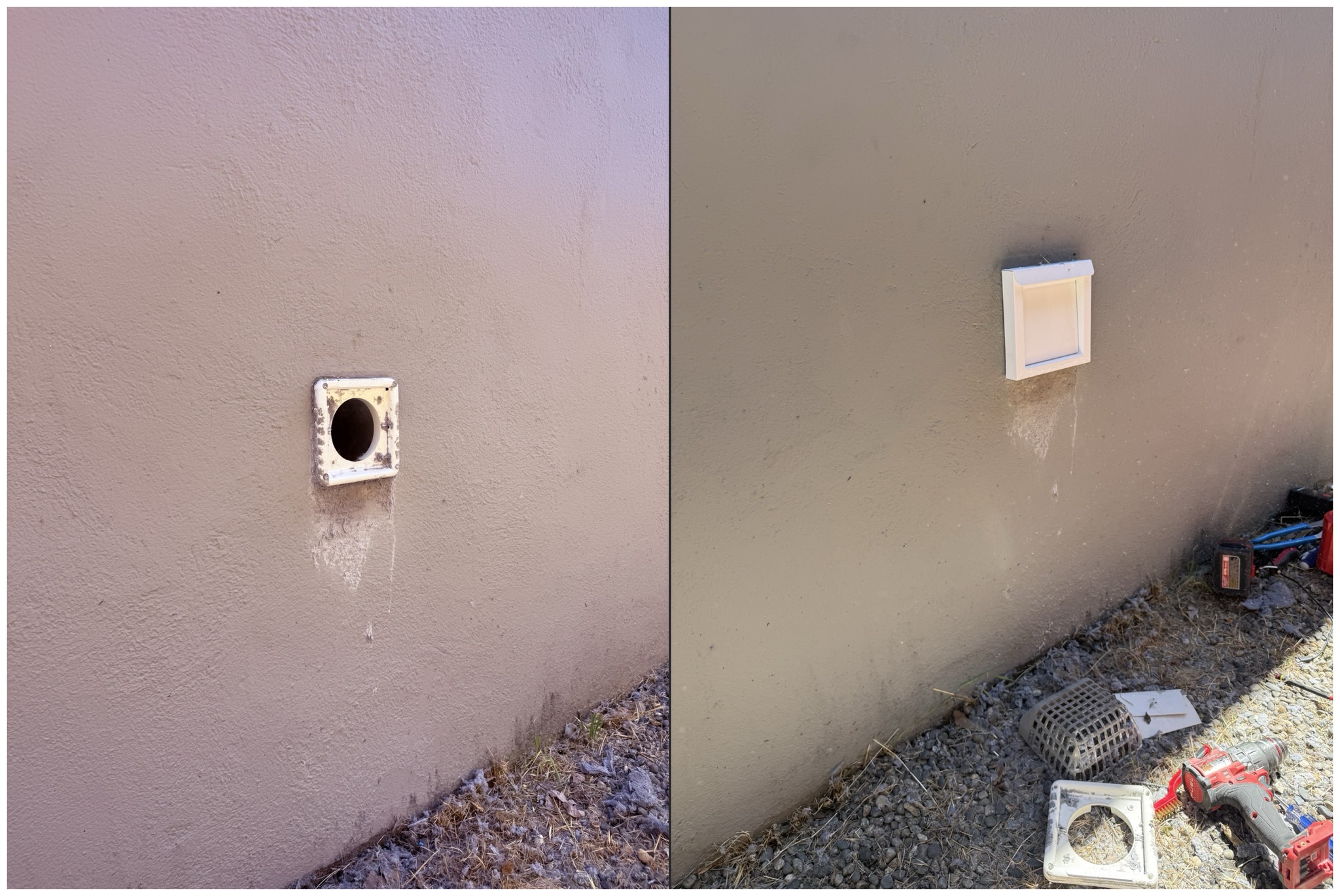 Side-by-side comparison of two exterior dryer vent installations: left shows older metal periscope-style cap with lint and moisture staining below the opening, right shows a newer cleaner white exterior vent cap after replacement