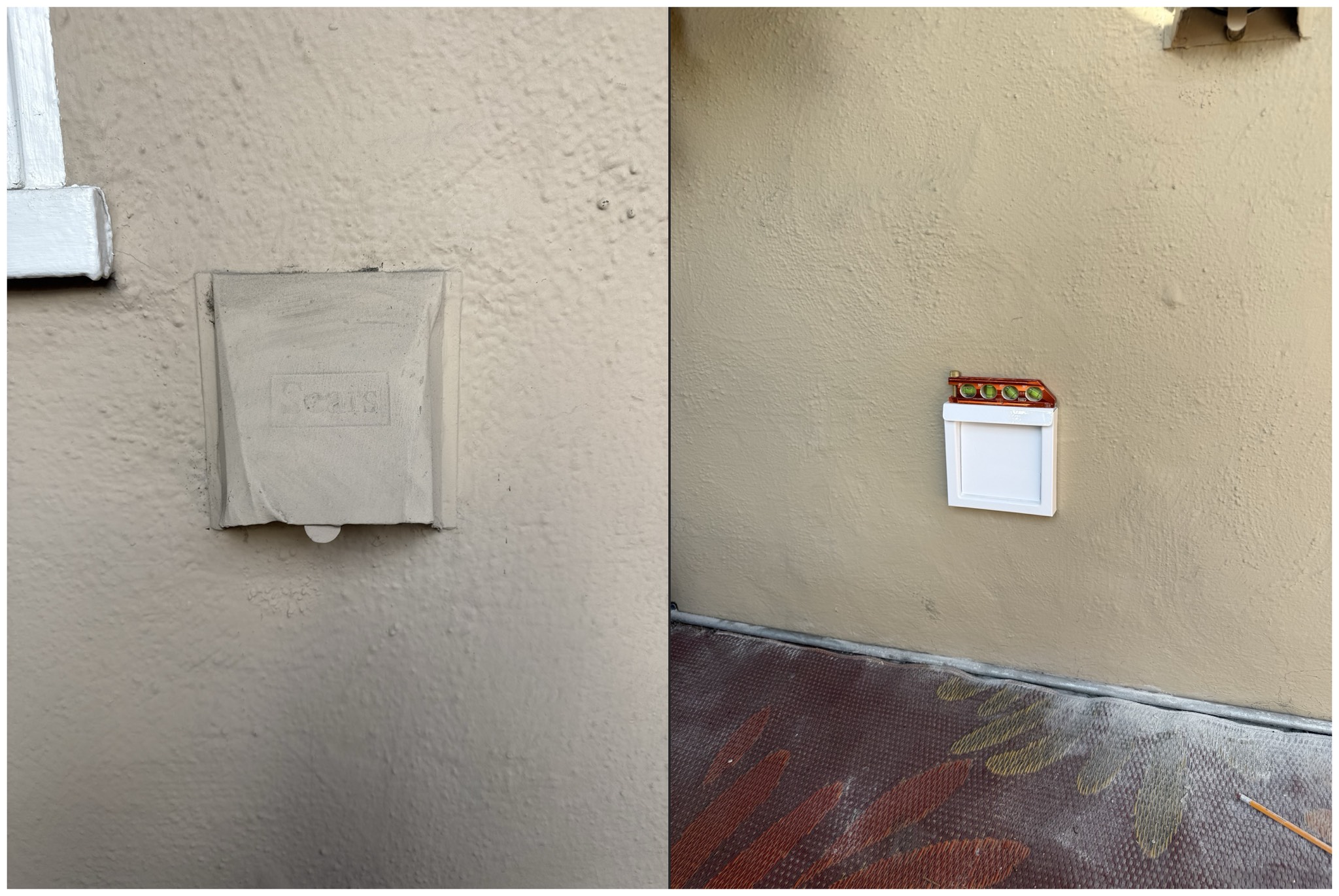 Side-by-side before and after view of exterior dryer vent cap: older gray periscope-style cap on the left replaced by new white InOvate flush-mount hood with decorative trim ring on the right, both mounted on stucco wall