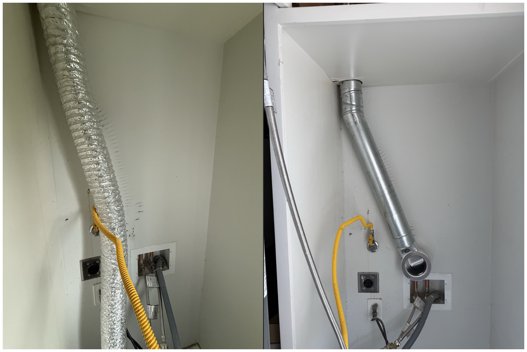 Side-by-side before and after comparison showing the original crimped flexible foil duct on the left replaced by angled rigid metal ductwork with a magnetic vent cap on the right