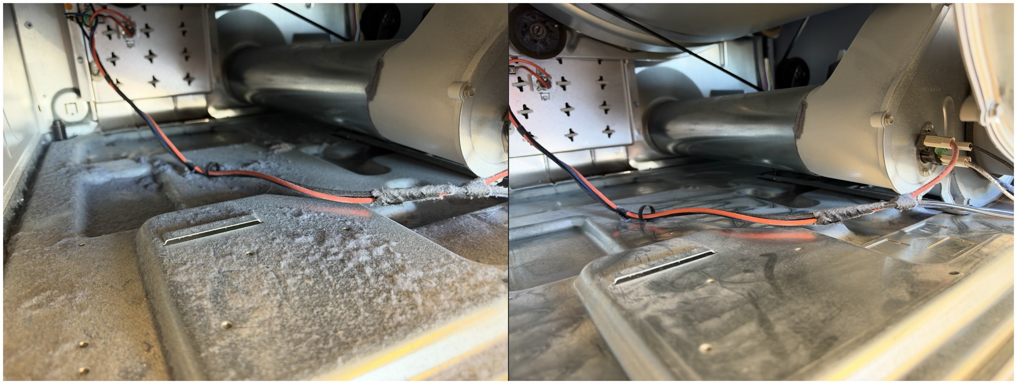 Technician using a drill-attachment rotary brush to clean lint from inside a residential dryer exhaust duct