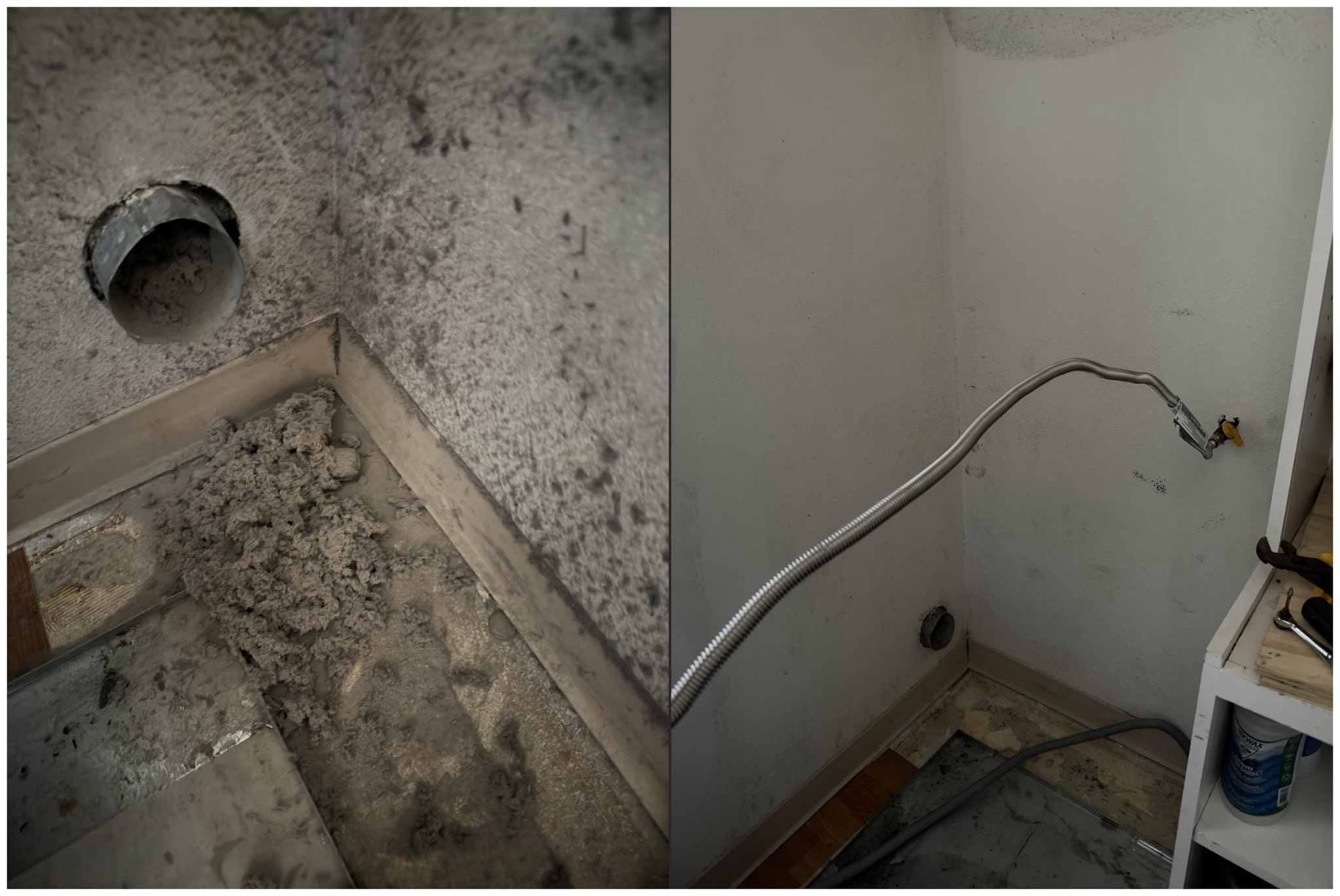 Before and after view of a dryer vent wall opening showing heavy compacted lint packed into the corner before cleaning and a clear debris-free opening afterward