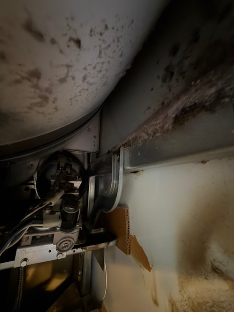 Dark interior behind a gas dryer showing exhaust ducting furred with lint, heavy brown staining on the wall above it, and the burner assembly, gas line and wiring immediately below