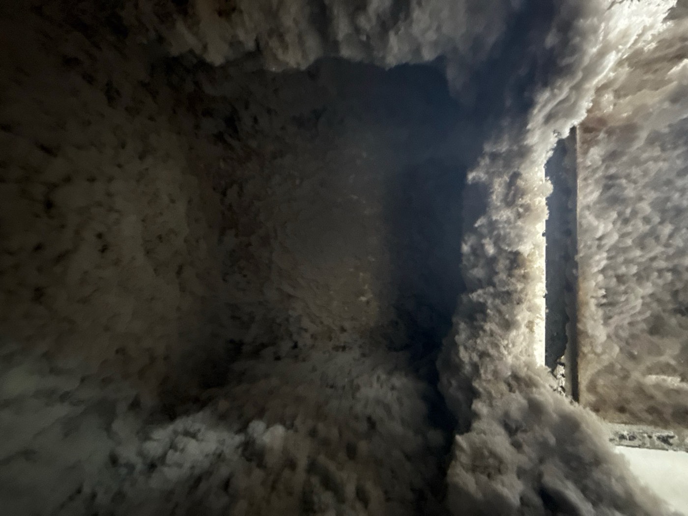 Dryer vent duct access panel removed showing thick black lint and debris buildup inside the ductwork