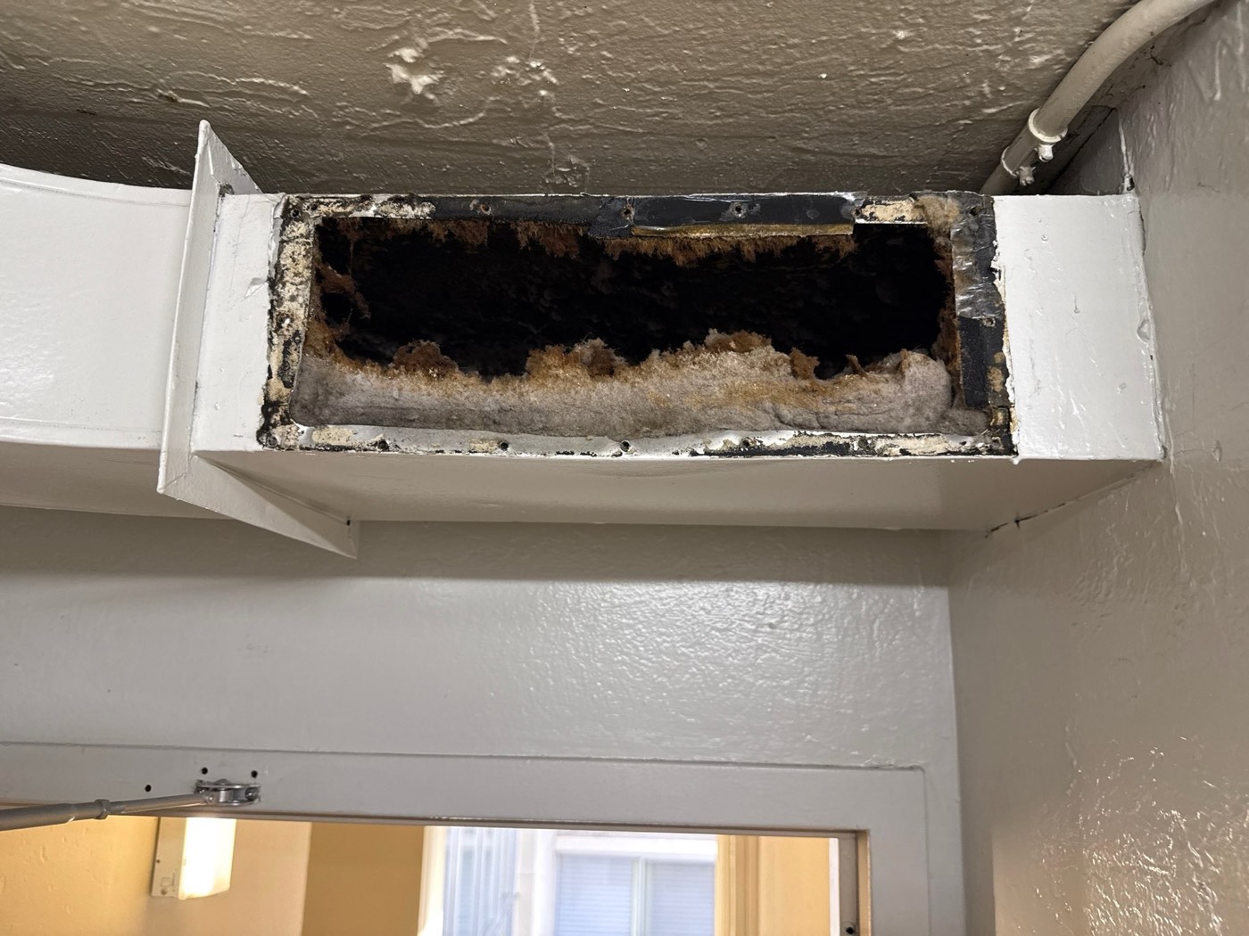 Severely clogged dryer vent duct with lint covering all walls and nearly blocking the opening
